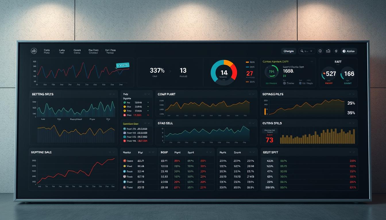 Detailed statistical sports betting dashboard on a sleek grey interface. Foreground features various line graphs, pie charts, and data visualizations depicting key betting metrics like win rates, ROI, and bankroll progression. Middle ground shows a series of dynamic betting splits for different sports and markets. Background has a subtle textured wall pattern and ambient lighting creating a professional, analytical atmosphere.
