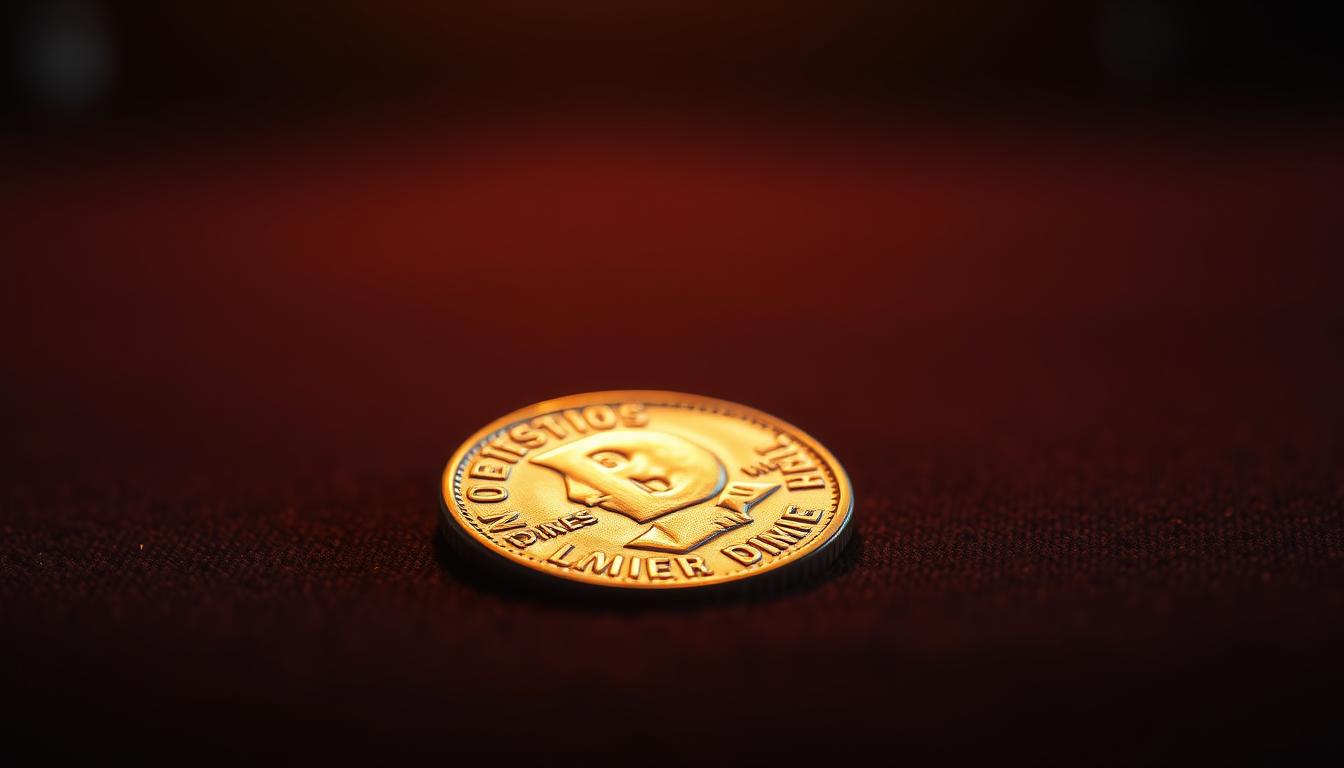 A close-up shot of a dime resting on a dark, velvet-like surface, bathed in a warm, directional lighting that casts subtle shadows, highlighting the intricate details and texture of the coin. The dime appears to be in pristine condition, its surface gleaming with a polished, almost reflective quality. The background is softly blurred, drawing the viewer's attention solely to the significance and importance of the small, yet valuable, piece of metal. The overall composition and lighting create a sense of reverence and appreciation for the dime, conveying its importance in the world of gambling and sports betting.