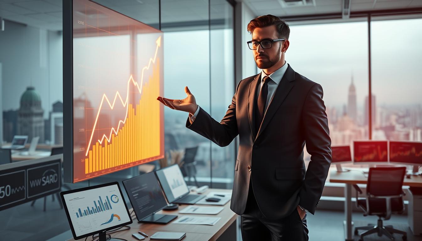 An image of a smart businessman in a sleek suit, standing confidently in a modern office setting. The foreground shows the businessman gesturing towards a large, glowing graph on a wall-mounted display, indicating rising profits. The middle ground features various financial charts, graphs, and data visualizations on desks and computer screens, creating an atmosphere of analytical focus. The background showcases a panoramic city skyline, hinting at the broader economic landscape. The lighting is crisp and directional, casting dramatic shadows and highlights to accentuate the sense of strategic planning and decision-making. The overall mood conveys a powerful, data-driven approach to maximizing profitability.
