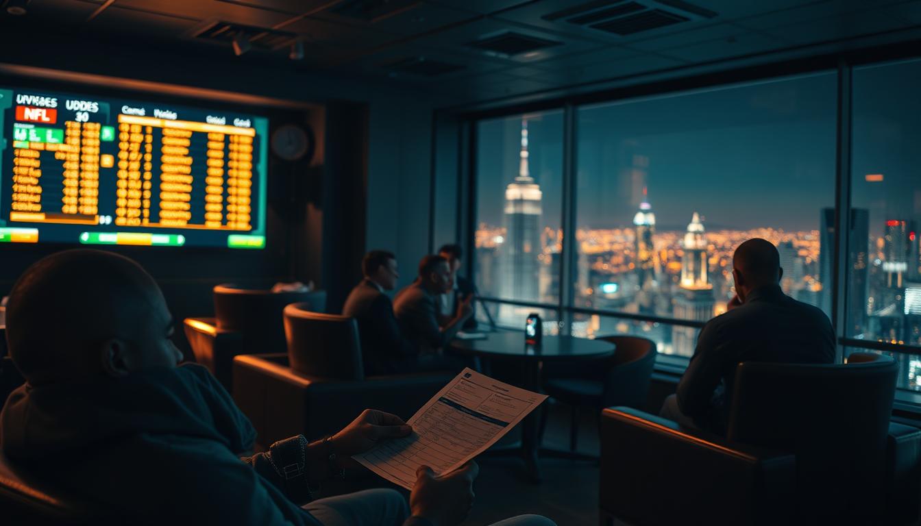 A dimly lit sports betting lounge, with sleek modern furniture and a large display screen showcasing NFL game odds in real-time. In the foreground, a sports bettor intently studying a betting slip, their face illuminated by the glow of the screen. In the middle ground, other patrons engaged in lively discussion, gesticulating as they analyze the odds. The background features a panoramic view of a bustling city skyline, suggesting the high-stakes world of professional football betting. The lighting is warm and moody, creating an atmospheric setting that captures the excitement and tension of NFL odds in the world of sports betting.