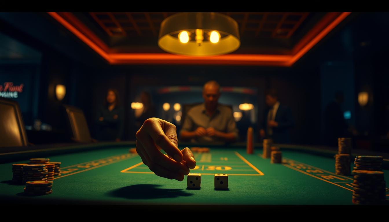 A dimly lit casino table, the green felt surface dotted with stacks of casino chips. In the foreground, a pair of hands rolling a pair of dice, the sound of the clatter echoing through the room. Overhead, a dim tungsten light casts a warm, golden glow, creating dramatic shadows and highlights. In the background, the blurred outlines of other players and spectators, their faces obscured, creating a sense of anticipation and excitement. The overall atmosphere is one of suspense and the thrill of the unknown, perfectly capturing the essence of "prop bets and hold" in the world of sports betting.