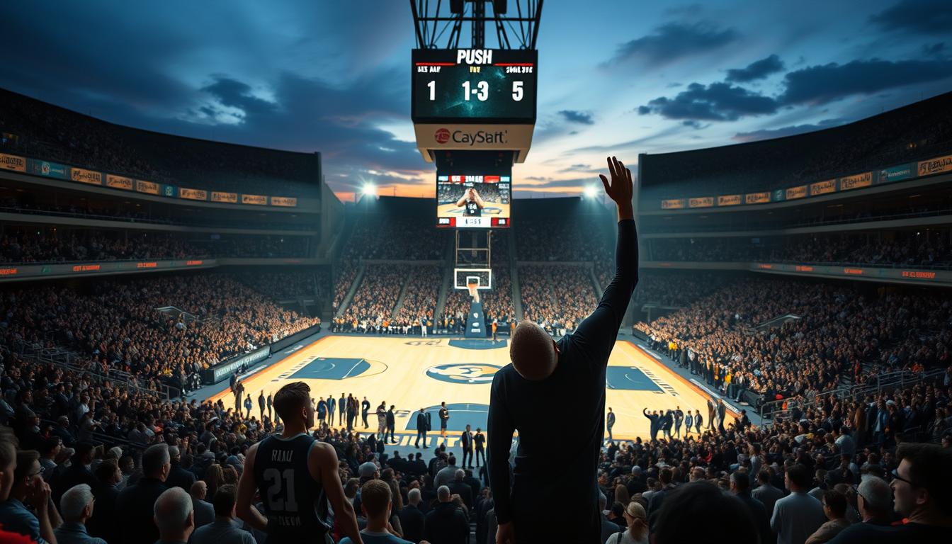 A sports stadium at dusk, with a basketball court illuminated in the center. Two players on the court, arms raised, expressions of uncertainty and anticipation. The scoreboard shows a tied game, the point spread at -5. The crowd leans forward, hushed, waiting for the final shot. Soft, dramatic lighting casts long shadows, creating a sense of tension and drama. The camera angle is slightly elevated, giving a panoramic view of the scene, capturing the intensity of the "push" moment.