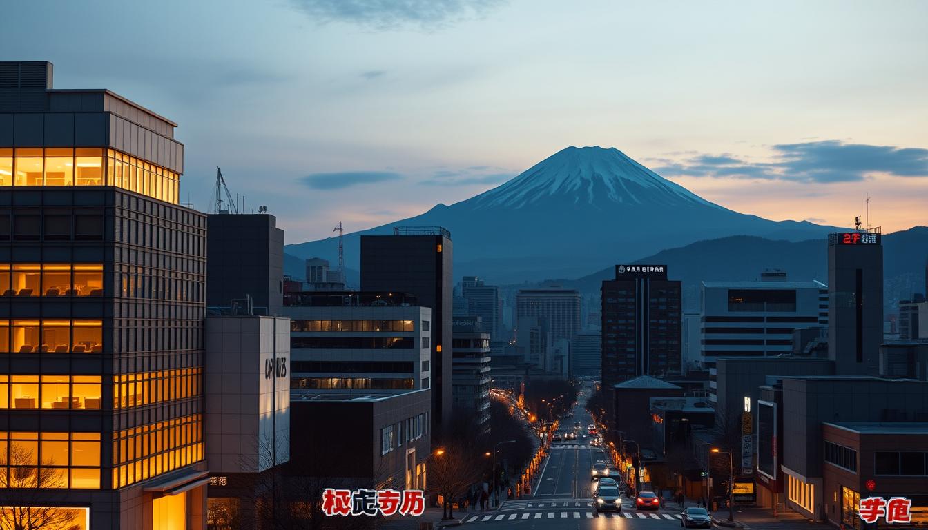 A serene Japanese cityscape at dusk, with a prominent modern building in the foreground illuminated by warm, diffused lighting. In the middle ground, pedestrians casually stroll past sleek, high-rise structures, hinting at the bustling urban landscape. In the background, the iconic silhouette of Mount Fuji rises majestically, its snow-capped peak bathed in the golden glow of the setting sun. The scene conveys a sense of modernity and tradition, reflecting the current state of Japan's betting industry - a convergence of contemporary practices within a culturally rich environment.