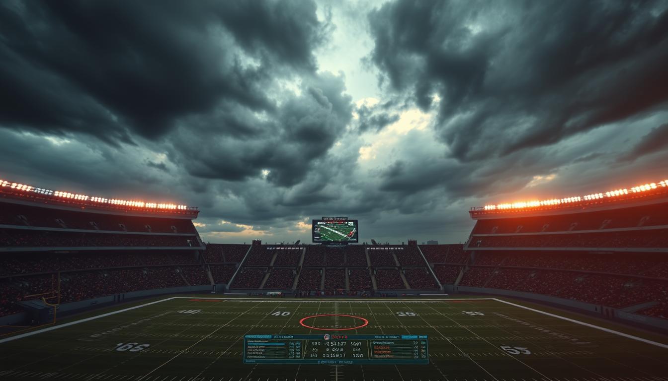 A high-level sports stadium set against a backdrop of a cloudy, dramatic sky. On the field, a detailed visualization of NFL betting splits and statistics, presented in a clean, data-driven infographic style. The scene is illuminated by warm, directional lighting, casting shadows and highlights that emphasize the key metrics and insights. The camera angle is slightly elevated, providing an immersive, bird's-eye view of the entire scene. The overall atmosphere conveys a sense of strategic analysis, data-driven decision making, and the thrill of the game.