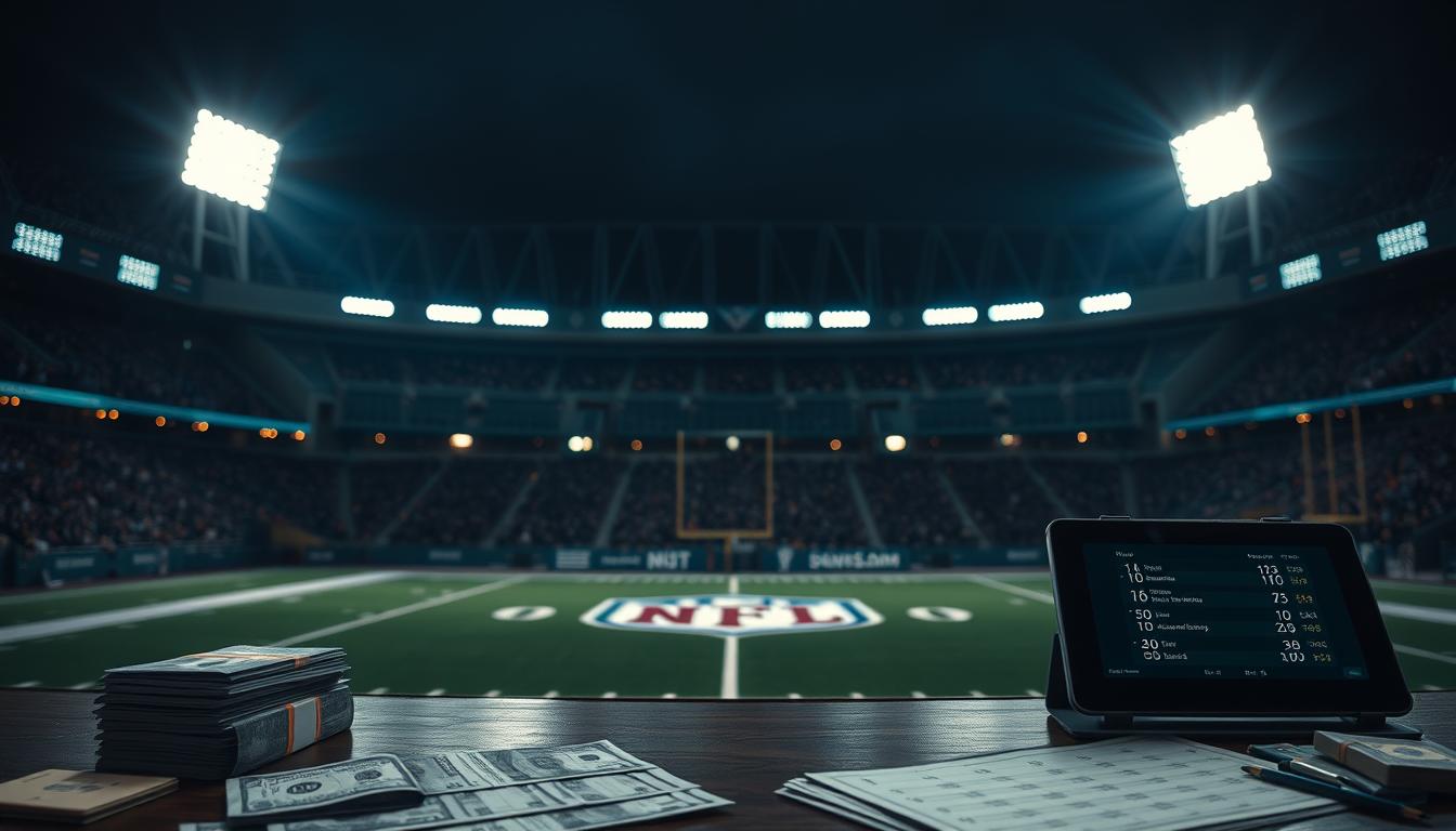 A professional American football stadium at night, illuminated by bright floodlights. The playing field is visible in the middle ground, with a close-up view of the 50-yard line marked by the distinctive NFL logo. The foreground features a table with various sports betting paraphernalia, including betting slips, a stack of cash, and a tablet displaying betting odds. The atmosphere is tense and exciting, reflecting the high-stakes nature of NFL betting. The lighting is dramatic, casting deep shadows and highlighting the key elements of the scene. The overall composition conveys the thrilling and immersive experience of engaging in NFL sports betting.