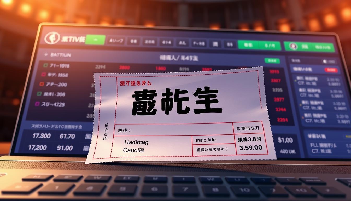A high-definition illustration of a betting slip displaying the phrase "ハンディキャップベット" in bold Japanese characters on a sleek, modern sports betting interface. The interface features a clean, minimalist design with intuitive betting options and statistics. The scene is bathed in a warm, inviting lighting that creates a sense of anticipation and excitement. The overall composition emphasizes the simplicity and ease of placing a handicap bet, reflecting the informative nature of the article section on various NBA betting methods.