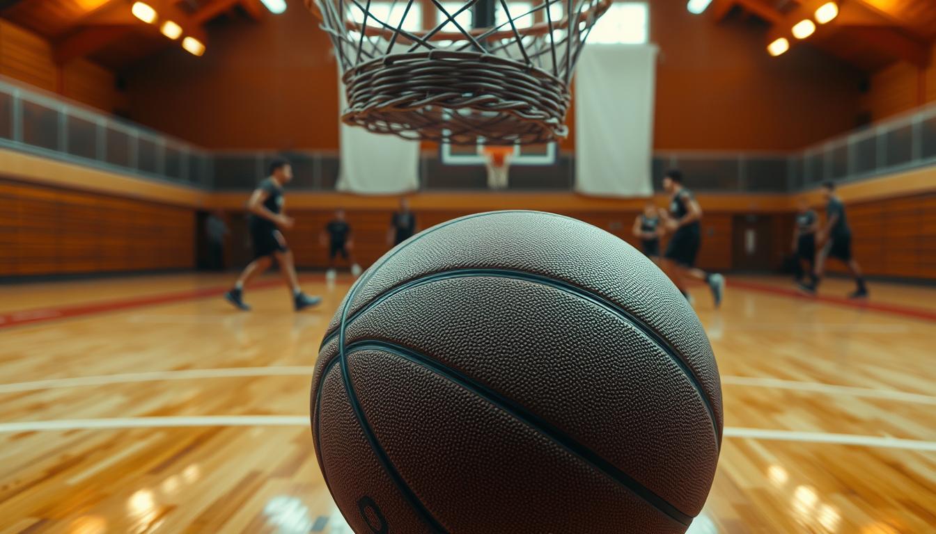 A basketball sitting prominently in the foreground, its surface textured and worn from years of use. Surrounding it, a woven basket hangs from a sturdy wooden frame, its weave intricate and well-crafted. In the middle ground, a basketball court stretches out, the polished wooden floorboards reflecting the warm, golden glow of overhead lighting. In the background, the silhouettes of players can be seen, their movements captured in a blur, conveying the excitement and energy of the game. The scene exudes a sense of nostalgia and the timeless significance of the first basket, a pivotal moment that has shaped the sport and inspired generations of players and fans.
