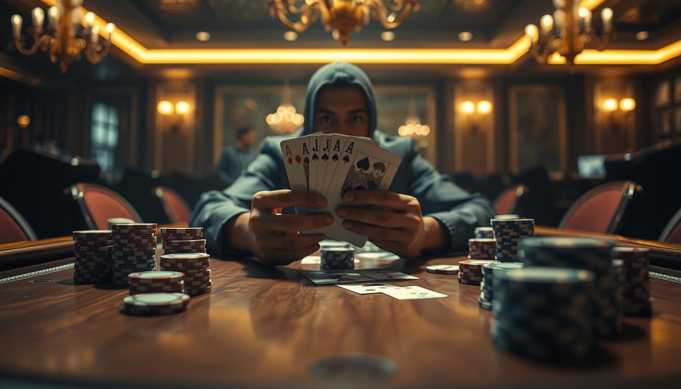 A dimly lit poker table in a luxurious casino, with a player's hands holding a strong poker hand, surrounded by stacks of chips and cards. The table is made of polished wood, and the room is illuminated by soft, warm lighting, creating a moody, strategic atmosphere. In the background, the player's face is obscured, emphasizing the focus on the cards and the strategic decision-making process. The image should convey the idea of incorporating poker strategy into sports betting, with a sense of calculated risk and high-stakes decision-making.