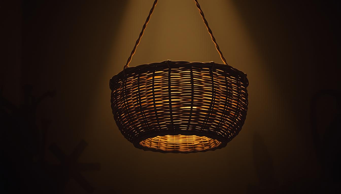 A weathered basket woven with intricate patterns, suspended in a dimly lit, sepia-toned room. The basket casts a soft, warm glow, illuminating the surrounding space with an air of history and contemplation. In the background, faint silhouettes of ancient tools and artifacts hint at the basket's profound origins. The composition is balanced, with the basket occupying the central focus, inviting the viewer to ponder the hidden meanings and significance of this humble yet captivating object. Subtle shadows and highlights accentuate the basket's textured surface, evoking a sense of timelessness and the weight of tradition.
