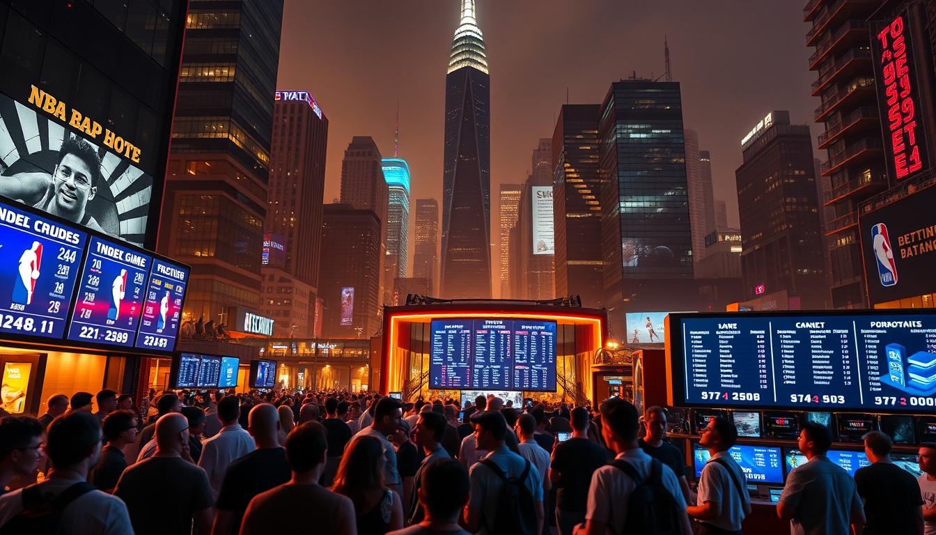 A bustling urban landscape with a vibrant sports betting atmosphere. In the foreground, a group of enthusiastic fans gather around a large digital display showcasing live NBA odds and scores. The middle ground features a modern, neon-lit betting parlor with a sleek, minimalist design. The background is a towering skyline of glass and steel skyscrapers, hinting at the rapid evolution of the betting industry. The scene is bathed in a warm, golden light, creating an aura of excitement and anticipation. A sense of the shifting trends and the dynamic, ever-changing nature of the sports betting environment is palpable.