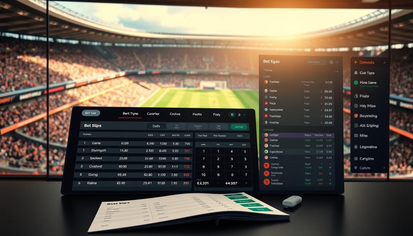 A modern, sleek sports betting software interface with a crisp, clean design. In the foreground, a prominent bet slip showcases the key features: bet types, odds, stakes, and potential payouts. In the middle ground, a live scoreboard displays real-time game updates, interspersed with visually striking data visualizations. The background depicts a panoramic view of a lively sports stadium, with the software's intuitive navigation menu anchoring the composition. Warm, natural lighting casts a sense of professionalism and trustworthiness, while the overall tone evokes a seamless, user-friendly experience for savvy bettors.