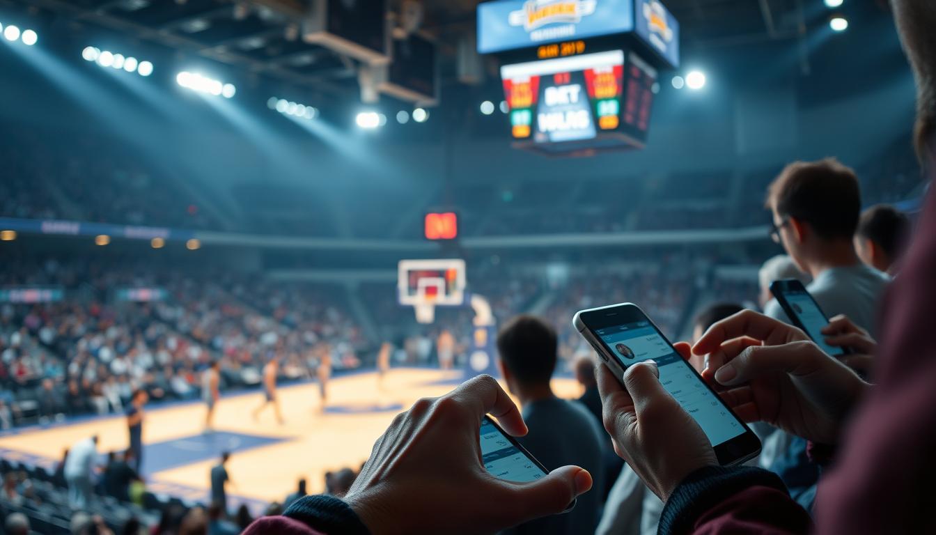 A live basketball game in a dimly lit stadium, with the court illuminated by spotlights. Spectators are engrossed in their mobile devices, placing bets on the action unfolding before them. The atmosphere is electric, with the sound of the crowd punctuated by the rhythmic tapping of fingers on screens. In the foreground, a close-up of a bettor's hands, their eyes fixed on the odds displayed on their device. The middle ground features the players on the court, their movements blurred, capturing the intensity of the game. The background is a hazy mix of stadium seating and the distant scoreboard, creating a sense of depth and immersion. The overall mood is one of excitement and anticipation, as the audience eagerly awaits the outcome of their wagers.