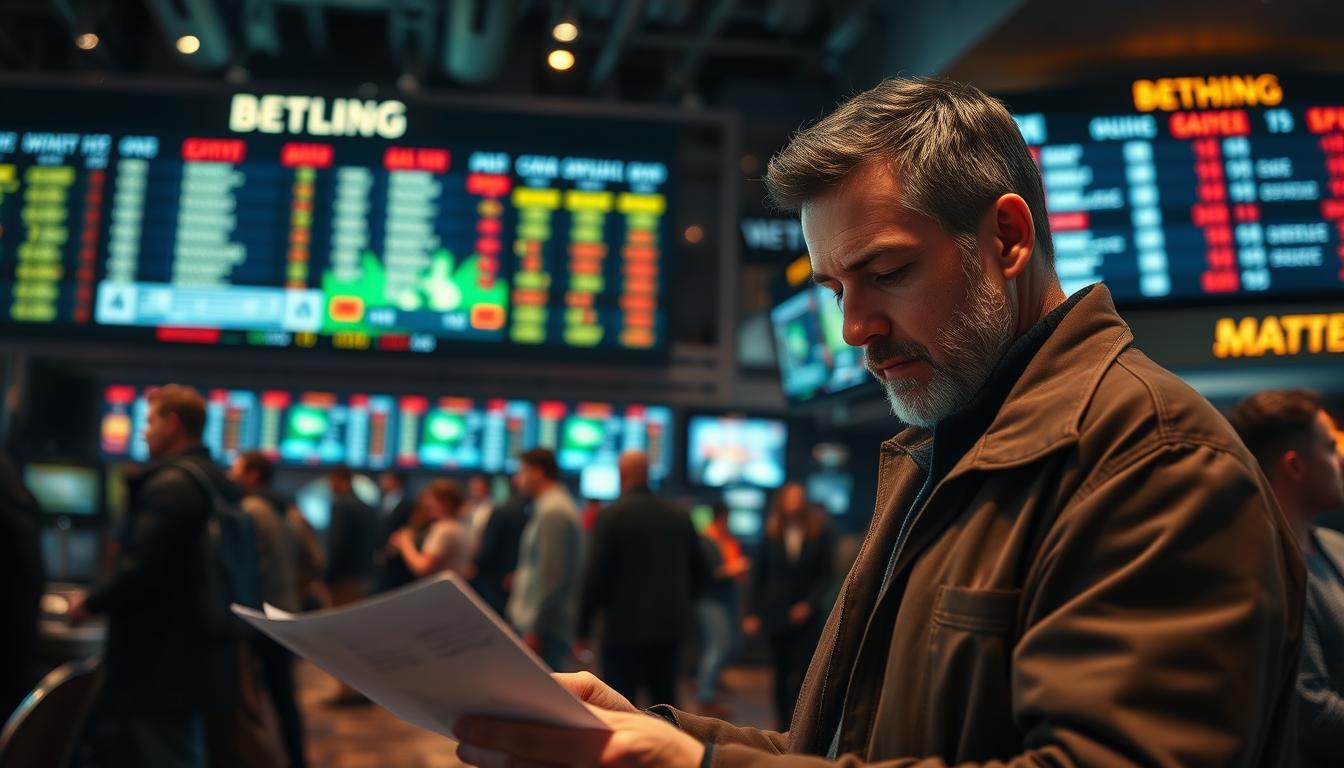 A bustling sports betting arena, its atmosphere electric with anticipation. In the foreground, a bettor intently studies a betting slip, their expression one of deep concentration as they ponder the odds and weigh their options. Behind them, a large display board showcases the latest sports scores and betting lines, illuminated by soft, warm lighting that casts a subtle glow over the scene. In the background, other bettors move with purpose, their body language reflecting the thrill and tension of the moment. The entire tableau is captured through a wide-angle lens, conveying a sense of the scale and energy of the sports betting experience, and the importance of understanding the "hold" - the house advantage - that shapes the outcome.