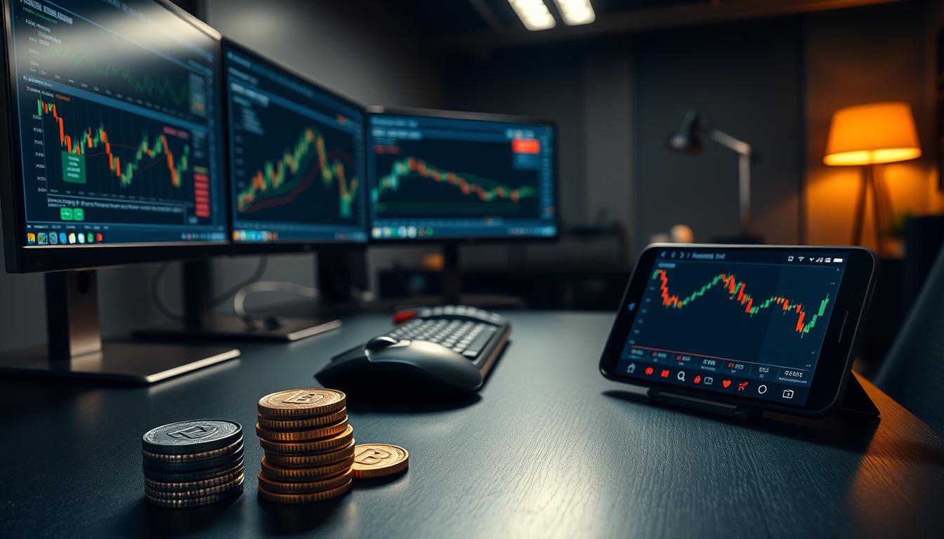 A sleek, modern tabletop with a professional trader's setup - multiple screens displaying financial data, a keyboard, and a high-end gaming mouse. In the foreground, a stack of physical alt coins and a smartphone with a trading app open, showcasing strategic indicators and analysis tools. The background is a dimly-lit, stylish office space with minimalist decor, evoking a sense of focus and calculated decision-making. Warm, focused lighting illuminates the scene, casting subtle shadows that highlight the technological components. The overall atmosphere conveys a thoughtful, data-driven approach to alternative currency investment strategies.