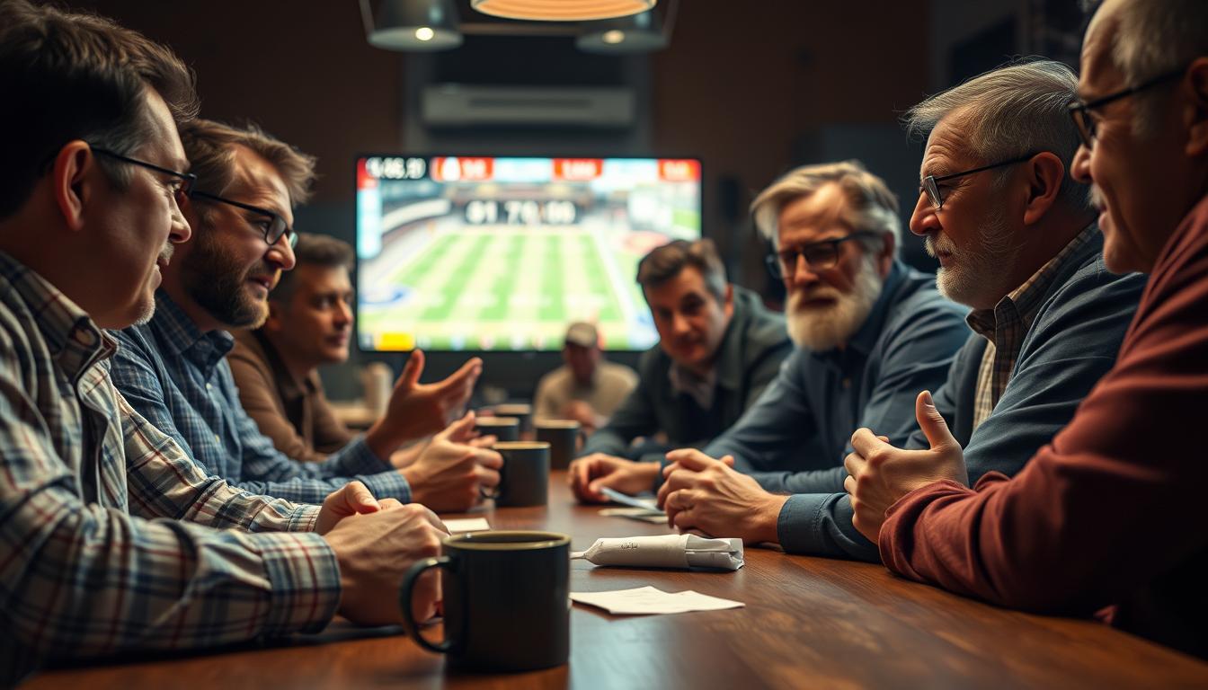 A lively group of experienced punters gathered around a table, intently discussing their successful betting strategies. The foreground showcases their animated expressions and hand gestures as they share insights and swap tips. The middle ground features a well-worn betting slip and a cup of coffee, evoking the atmosphere of an energetic betting parlor. In the background, a muted TV screen displays the latest sporting event, casting a warm glow over the scene. Soft, natural lighting illuminates the punters, creating a sense of camaraderie and shared expertise. The overall mood is one of focused intensity, with a touch of excitement as these seasoned bettors navigate the thrills and challenges of the wagering world.