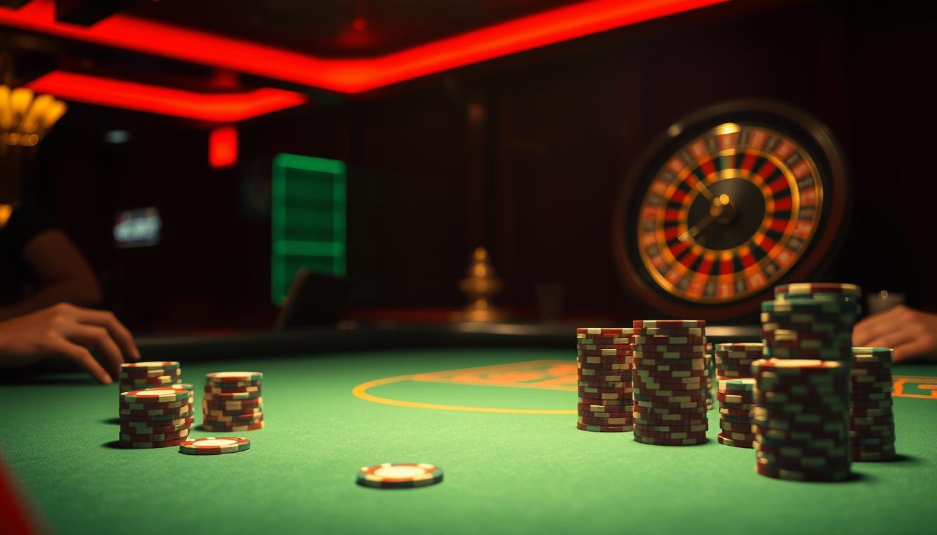 A dimly lit casino table, the neon lights casting a hazy glow over the green felt surface. Stacks of chips sit idly, their low denominations reflecting the "low hold" concept, where the house edge is minimized to attract more players. The scene exudes a sense of cautious optimism, as patrons weigh their bets and consider their next move, the stakes never too high, the potential rewards modest yet enticing. A single roulette wheel stands in the background, its spinning motion a hypnotic counterpoint to the stillness of the table, a reminder of the subtle yet significant impact of low hold on the overall gambling experience.