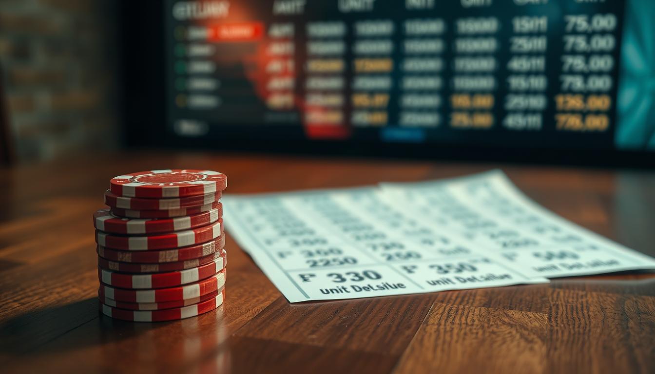 A betting odds unit strategy displayed on a wooden table, illuminated by a warm, focused light. In the foreground, a stack of casino chips in varying denominations, symbolizing the unit values. In the middle ground, a series of betting slips or tickets, each with numerical odds and payouts clearly visible. The background features a subtle, blurred pattern suggestive of a sports betting site or gambling application interface, creating a sense of context and immersion. The overall composition conveys a sense of precision, strategy, and the importance of understanding the relationship between unit values and odds in successful sports betting.