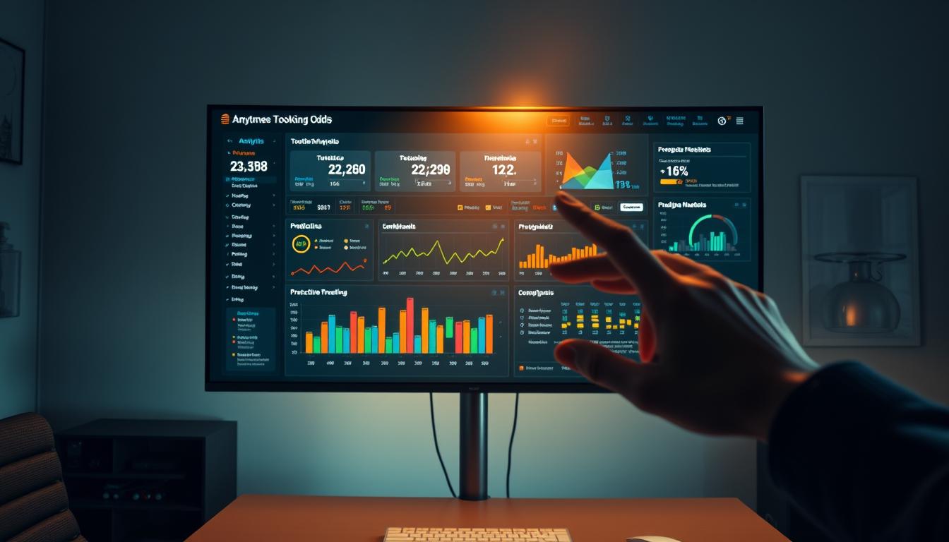 Analyzing Odds: A detailed sports analytics dashboard displayed on a widescreen monitor, featuring a breakdown of touchdown probability metrics, historical data visualizations, and predictive modeling tools. The screen is illuminated by a warm, focused light, casting dramatic shadows and highlights that accentuate the data's complexity. In the foreground, a hand gestures towards the screen, emphasizing key insights. The environment is a modern, minimalist office space, with clean lines and muted tones that allow the analytical information to take center stage, inviting the viewer to delve into the intricacies of understanding anytime touchdown odds.