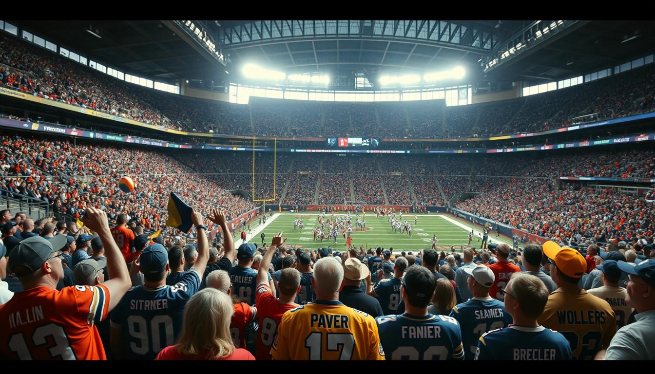 A packed stadium with enthusiastic NFL fans in the foreground, donning team jerseys and waving banners. In the middle ground, fans engaged in lively discussions and cheering as the game unfolds on the field. In the background, the iconic scoreboard and stadium architecture create a sense of immersion. The lighting is bright and natural, capturing the energy and excitement of the game day experience. The camera angle is wide, providing a panoramic view that conveys the scale and atmosphere of the event.