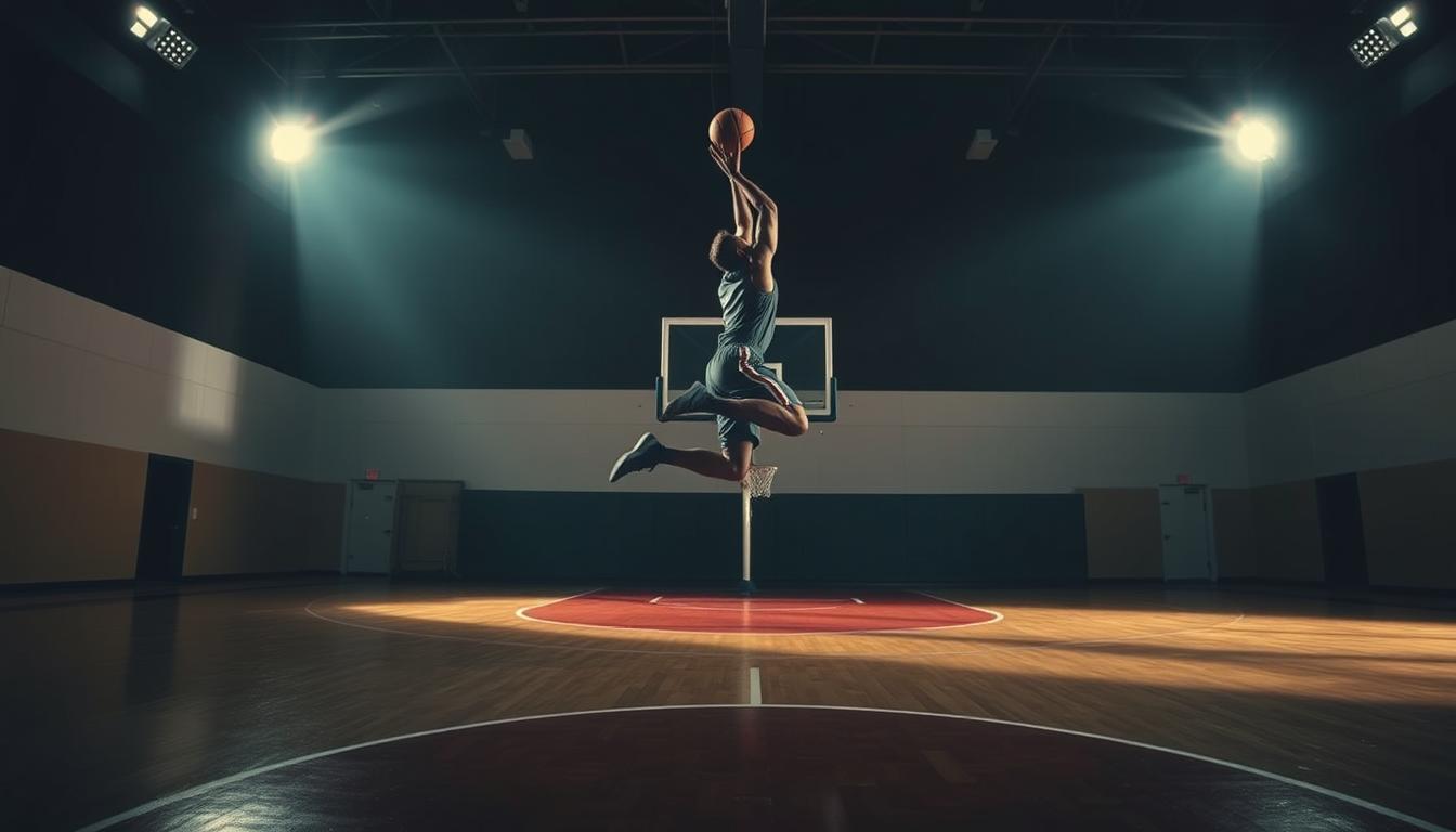 A basketball player in mid-leap, their body suspended in the air as they release the ball towards the hoop. Dramatic lighting casts dramatic shadows, highlighting the intense focus and athleticism. The court surface reflects the player's form, the backboard looming large in the background. The scene captures the significance and drama of the iconic jump shot, a defining moment in the sport.