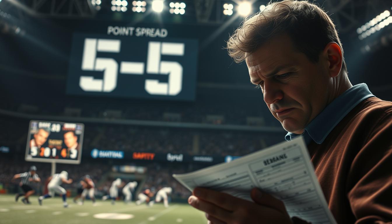 A high-contrast, cinematic scene depicting the impact of a -5 point spread on betting strategies. In the foreground, a tense bettor scrutinizes a betting slip, brow furrowed in concentration. Behind them, a larger-than-life point spread chart looms, the -5 value rendered in dramatic, oversized digits casting an ominous shadow. The middle ground features a dynamic, fast-paced sports event, players clashing in a blur of motion, the scoreboard reflecting the critical 5-point deficit. In the background, a dimly lit stadium atmosphere sets the tone, with dramatic lighting and lens flares emphasizing the gravity of the situation. The overall mood is one of high stakes and strategic uncertainty.