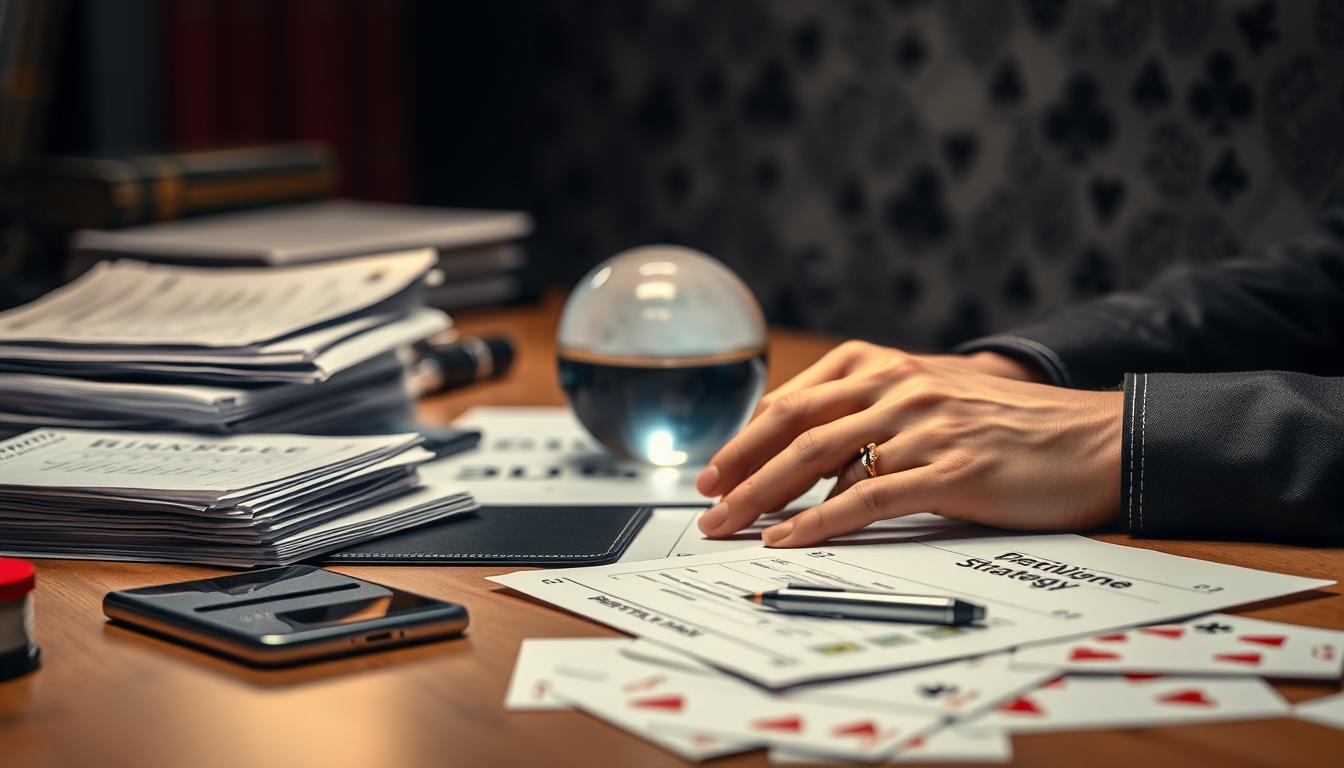 A strategic betting approach with a focused mindset. A well-lit desk with a stack of betting slips, a pen, and a mobile device displaying odds. In the foreground, a pair of hands carefully examining a betting strategy document. In the middle ground, a crystal ball representing the unpredictability of outcomes. The background features a subtle pattern of playing cards, suggesting the calculated risk inherent in betting. The overall mood is one of concentration, analysis, and a sense of controlled exploration in the pursuit of a successful betting strategy.