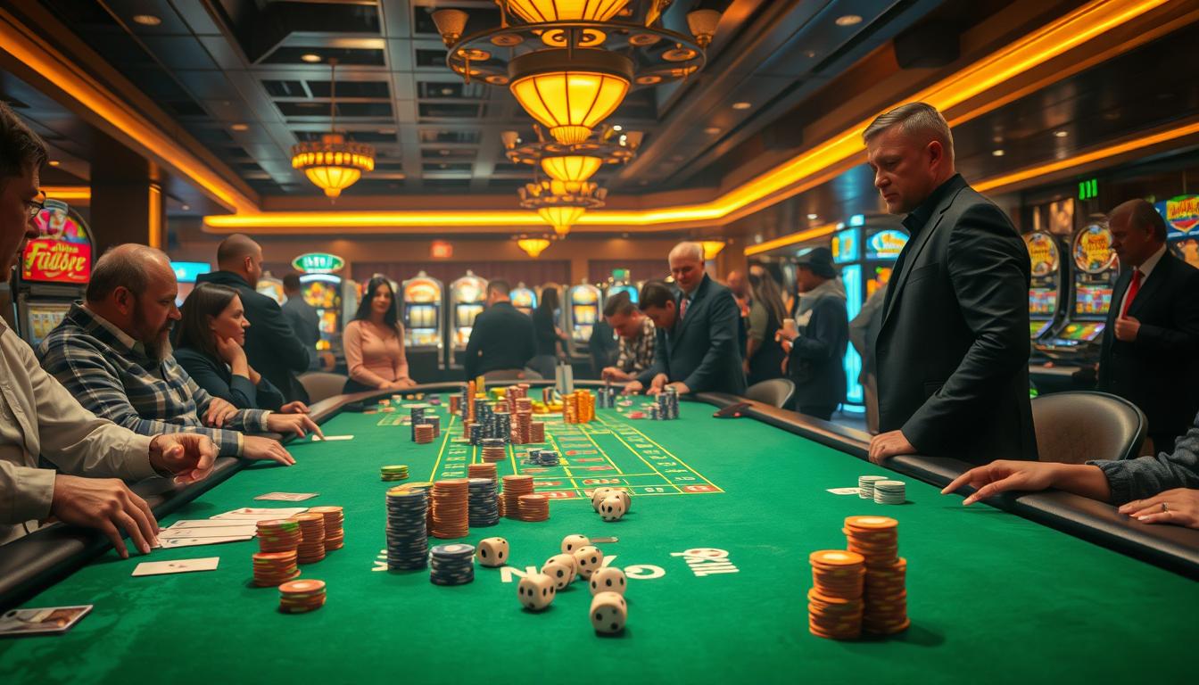 A bustling table in a dimly lit casino, green felt surface illuminated by warm, golden lights. Stacks of colorful chips and playing cards scattered across the table, a dice roll in progress. Punters lean intently, eyes fixed on the outcome, anticipation palpable. In the background, the hum of slot machines and chatter of onlookers create an atmosphere of excitement and risk. A lone figure stands at the table's edge, studying the game with a calculated gaze, exemplifying the thrill and strategy of 1x betting.