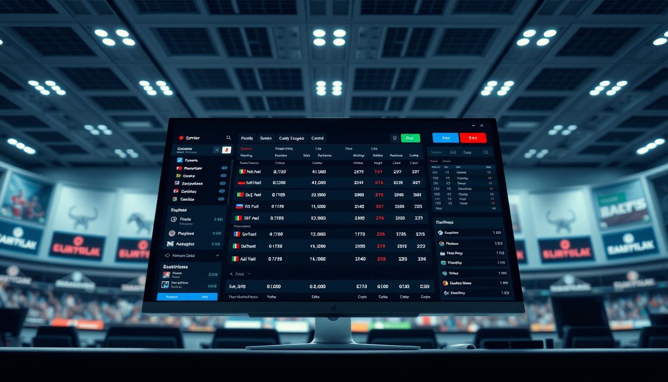 A modern and sleek sports betting website showcasing a variety of international sporting events. In the foreground, a large desktop display shows live odds and betting lines for popular sports like soccer, basketball, and horse racing. The middle ground features a clean user interface with intuitive navigation and easy-to-use betting slips. In the background, subtle branding elements like icons and color accents create a professional and trustworthy atmosphere. The lighting is bright and evenly distributed, creating a sense of transparency and reliability. The camera angle is slightly elevated to convey a sense of authority and expertise in the world of online sports betting.
