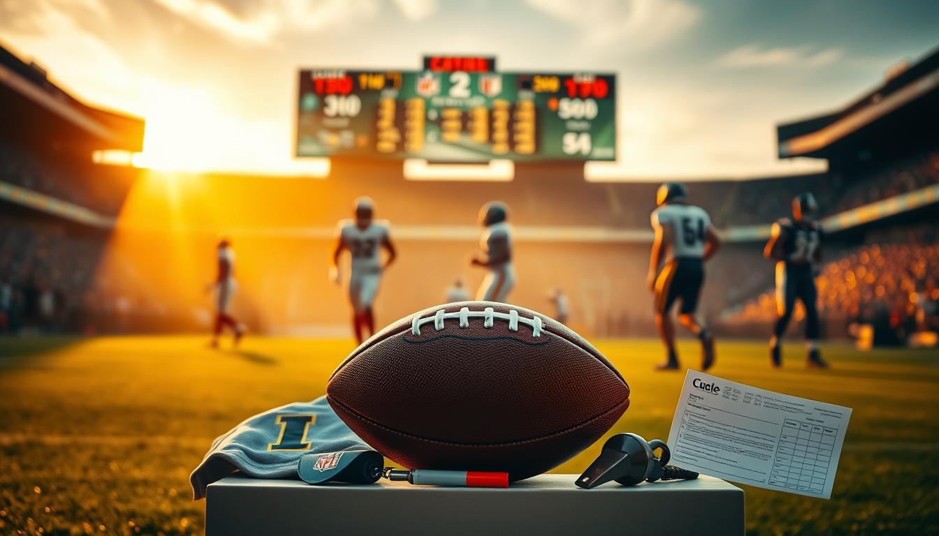 A stadium field at dusk, flooded with warm, golden light. In the foreground, a football sits atop a podium, surrounded by a collection of NFL-branded items - a team jersey, a touchdown marker, a referee's whistle, and a betting slip. In the middle ground, blurred silhouettes of players in uniform, their movements capturing the intensity of the game. The background features a scoreboard displaying statistics and odds, hinting at the world of sports betting that surrounds the sport. The scene exudes a sense of anticipation and the thrill of the game, setting the stage for an exploration of NFL props and their role in the world of sports betting.