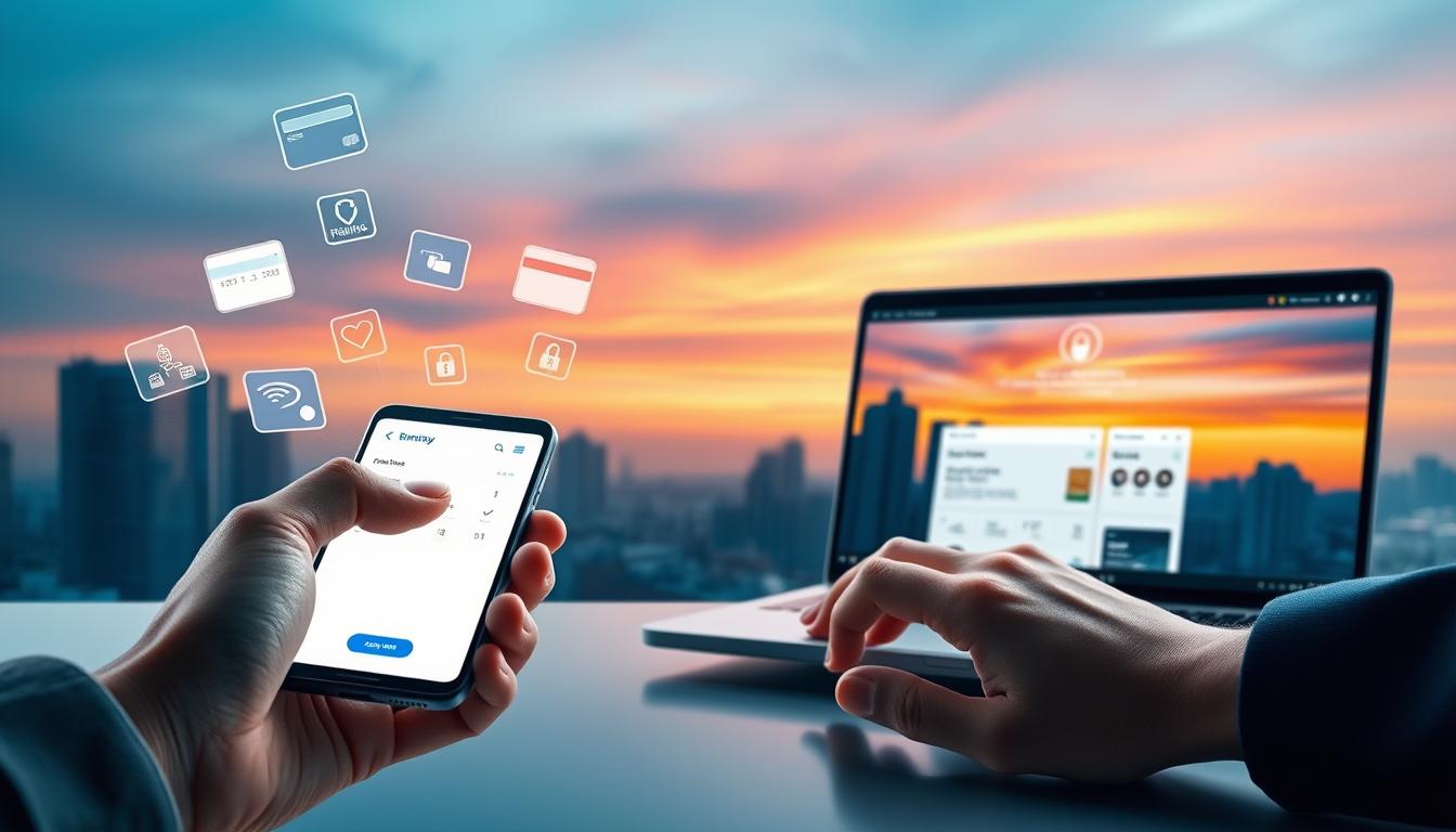 A modern, sleek banking interface showcasing various digital payment methods. In the foreground, a hand tapping on a smartphone screen, with virtual credit card icons and logos floating around. In the middle ground, a laptop displaying an online banking website, with clean typography and intuitive UI elements. In the background, a minimalist cityscape with skyscrapers and a vibrant sunset sky, evoking a sense of technological progress and financial security. Soft, directional lighting illuminates the scene, creating depth and accentuating the digital aesthetics. The overall mood is one of sophistication, convenience, and confidence in secure online transactions.