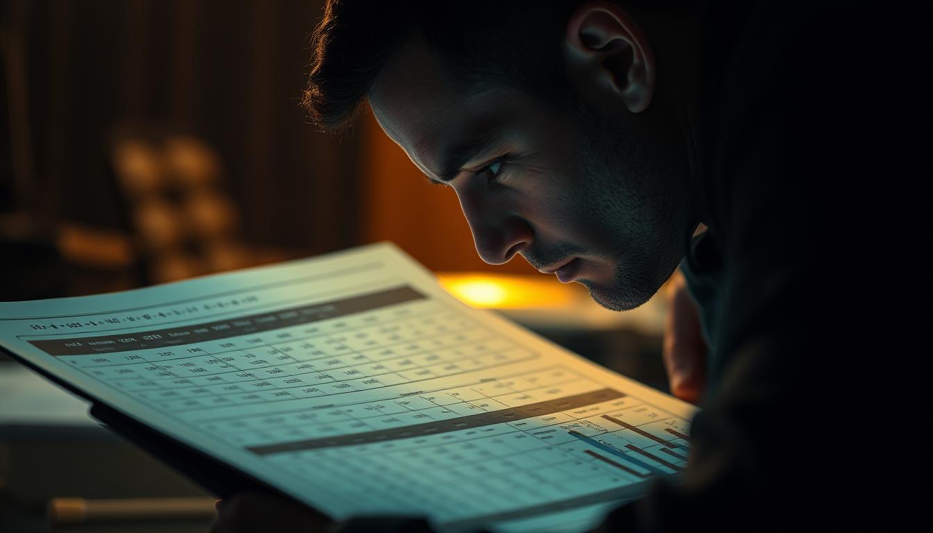 A sports bettor intently studying a detailed sports betting strategy chart, illuminated by a soft, warm light. The chart fills the foreground, with complex data visualizations and mathematical formulas related to the concept of "hold" in sports betting. In the middle ground, the bettor is leaning over the chart, their face partially obscured, reflecting deep concentration. The background is blurred, suggesting a quiet, contemplative atmosphere, allowing the focus to remain on the bettor's analytical process.