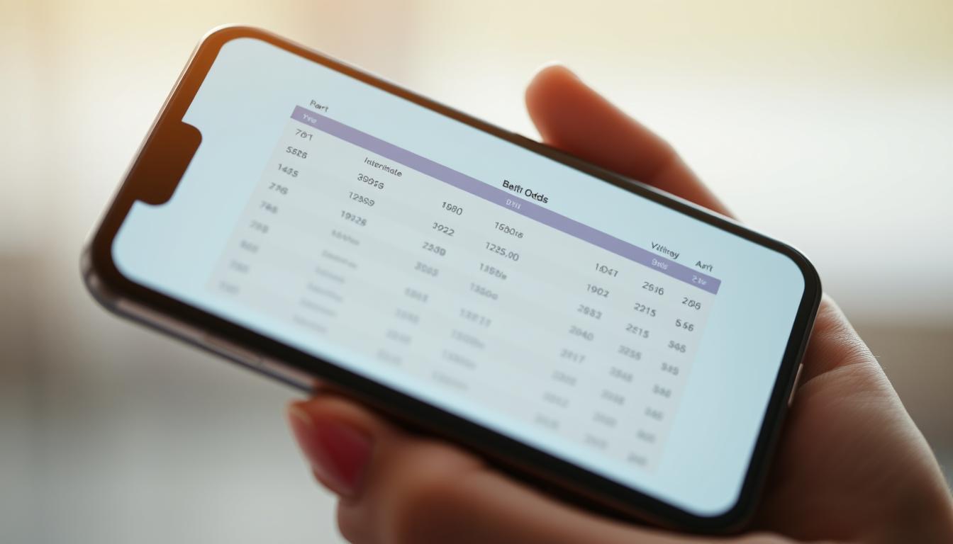 A detailed view of a betting odds chart displayed on a smartphone screen, with a clean and minimalist design. The chart shows a range of sports events and their corresponding odds, conveying a sense of understanding and analysis. The screen is bathed in a soft, warm lighting, creating a calm and focused atmosphere. The smartphone is held in a hand against a blurred background, suggesting the personal and interactive nature of understanding betting odds. The overall composition emphasizes the clarity and accessibility of the information presented, reflecting the section title "Understanding Betting Odds".