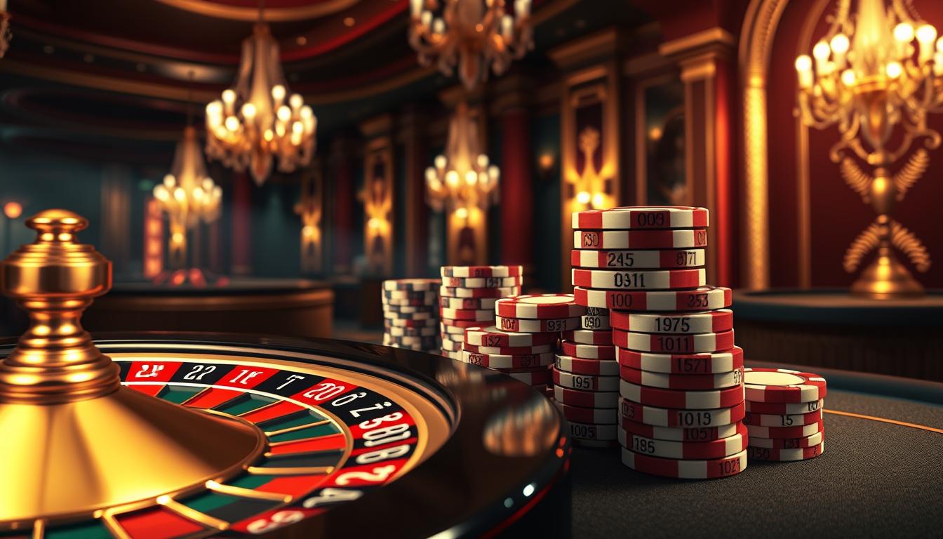 A detailed illustration of odds in betting, showcasing the various probabilities and numerical representations involved. In the foreground, a stylized roulette wheel with vivid, contrasting colors indicating the different odds. The middle ground features a stack of betting chips, each with numerically-printed odds. The background depicts an elegant, dimly-lit casino interior, with hints of chandeliers and ornate architectural details, creating an atmosphere of high-stakes excitement. Dramatic lighting casts dramatic shadows, heightening the sense of anticipation and risk. The overall composition conveys the complex, data-driven nature of betting odds and the thrill of the gaming experience.