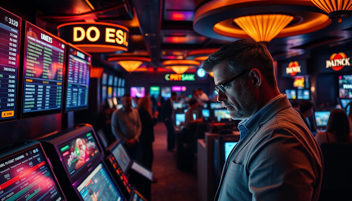 A bustling sportsbook interior, dimly lit with a warm, inviting ambiance. In the foreground, a well-dressed punter carefully examines betting odds displayed on large screens, brow furrowed in concentration. Surrounding him, a variety of betting kiosks and terminals, each offering a range of sports and markets. In the middle ground, other patrons engage in lively discussions, share tips, and anxiously await the outcome of their wagers. The background is a haze of neon signage, reflecting off polished surfaces, creating an atmosphere of excitement and anticipation. The scene conveys the thrill and challenge of carefully selecting the right sportsbook to maximize one's betting experience and potential winnings.