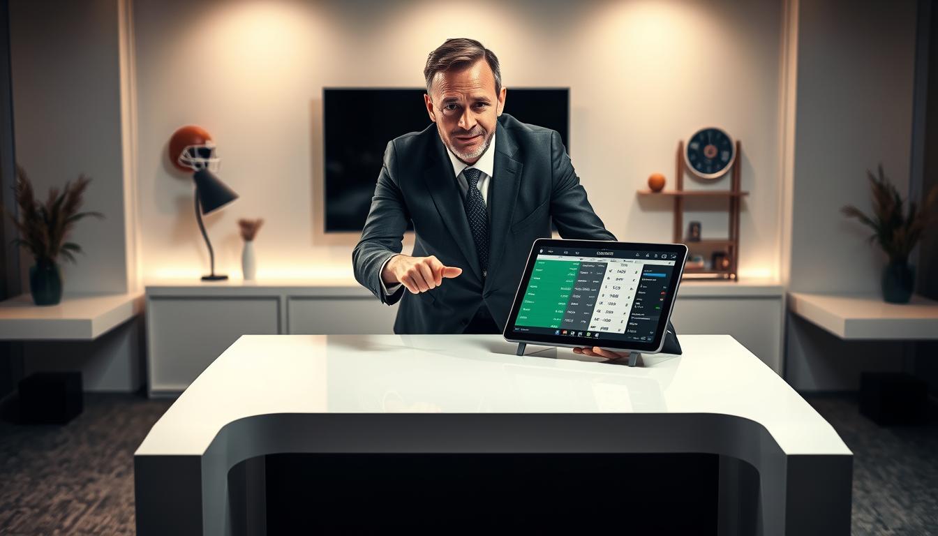 A well-lit, high-resolution image of a stylish, professional-looking sports betting analyst presenting successful betting tips on a sleek, modern desk. The analyst is dressed in a sharp suit, leaning over the desk, gesturing confidently as they point to a tablet displaying sports statistics and odds. The background features a minimalist, studio-style setting with neutral tones, clean lines, and subtle sports-themed decor. The overall mood is authoritative, informative, and visually appealing, reflecting the expertise and reliability of the betting tips being presented.