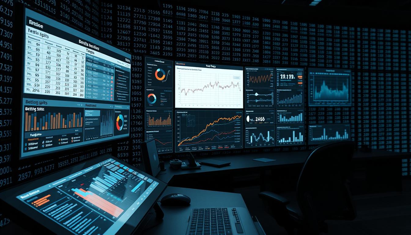 A high-tech workstation showcasing an intricate web of sports betting data visualizations. In the foreground, a sleek touchscreen display presents a comprehensive analysis of betting splits, trends, and key performance indicators. The middle ground features a series of interactive graphs and charts, meticulously designed to provide in-depth insights into the dynamics of sports wagering. The background is adorned with a subtle grid of numerical data, creating a sense of depth and complexity. Dramatic lighting casts dramatic shadows, heightening the authoritative and professional atmosphere. The overall scene conveys the power of data-driven decision-making in the world of sports betting.