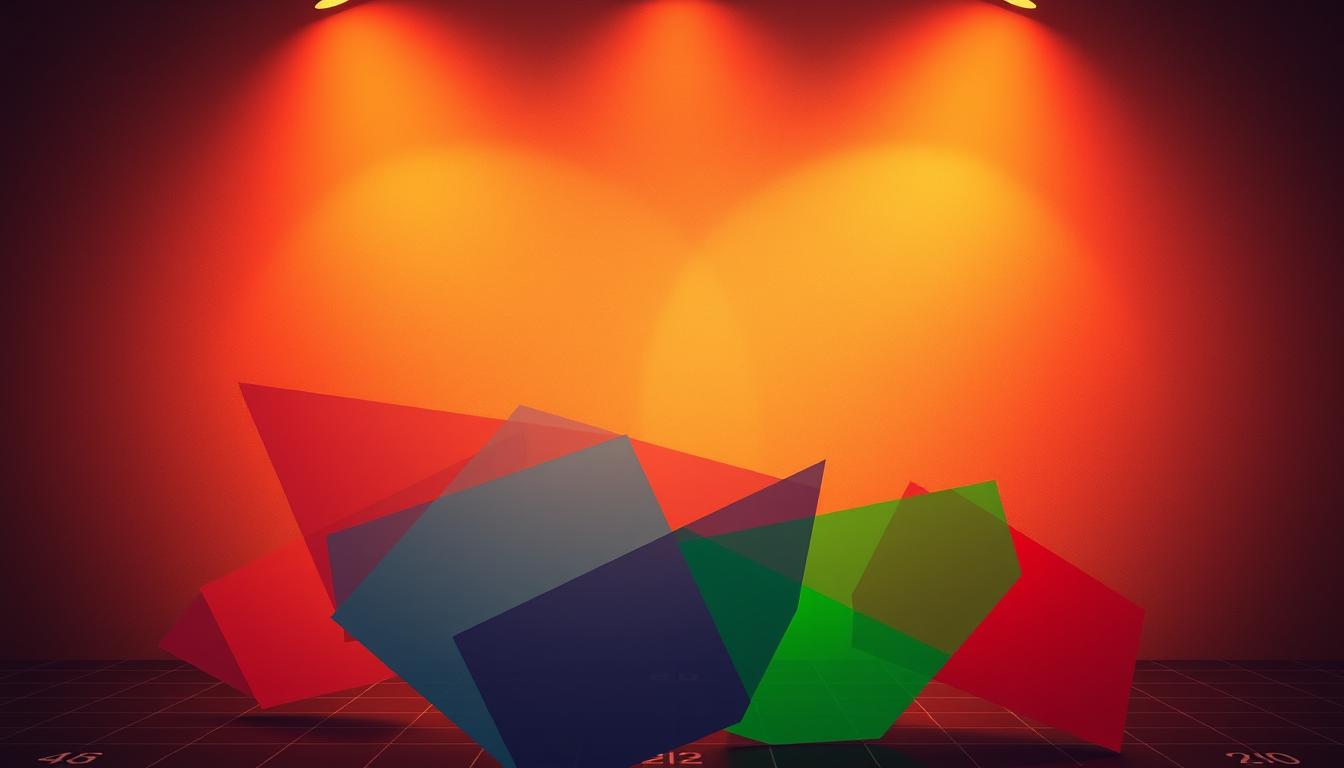 An abstract visual representation of American sports betting odds, illuminated by warm, directional lighting that casts dynamic shadows across a muted, textured background. In the foreground, a vibrant, geometric composition of overlapping, semi-transparent shapes in various shades of red, blue, and green, symbolizing the different betting options and their numerical values. The middle ground features a subtle, grid-like pattern, hinting at the mathematical and statistical nature of the odds. The overall atmosphere is one of analytical clarity, strategic decision-making, and the thrill of the game.