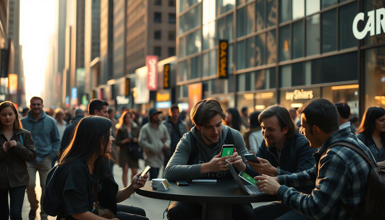A bustling city street, with people going about their daily routines. In the foreground, a group of friends gathered around a table, excitedly discussing a football game on their phones and laptops. The scene is bathed in soft, natural lighting, giving it a warm, inviting atmosphere. In the middle ground, passersby walk by, some pausing to glance at the group's animated discussion. In the background, tall skyscrapers and neon signs suggest an urban setting, hinting at the real-world applications of sports betting. The overall mood is one of camaraderie and engagement, capturing the essence of how point spreads and sports betting can be integrated into everyday life.