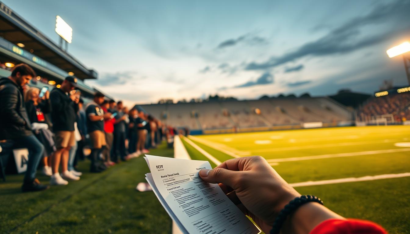 A football stadium at dusk, with the field bathed in warm, golden-hour lighting. On the sidelines, a group of spectators intently studying betting slips, their faces illuminated by the glow of smartphones as they carefully time their anytime touchdown bets. In the foreground, a close-up of a hand placing a wager, the action frozen in a moment of anticipation. The background is blurred, drawing the viewer's focus to the pivotal decision-making process unfolding on the field and in the stands.