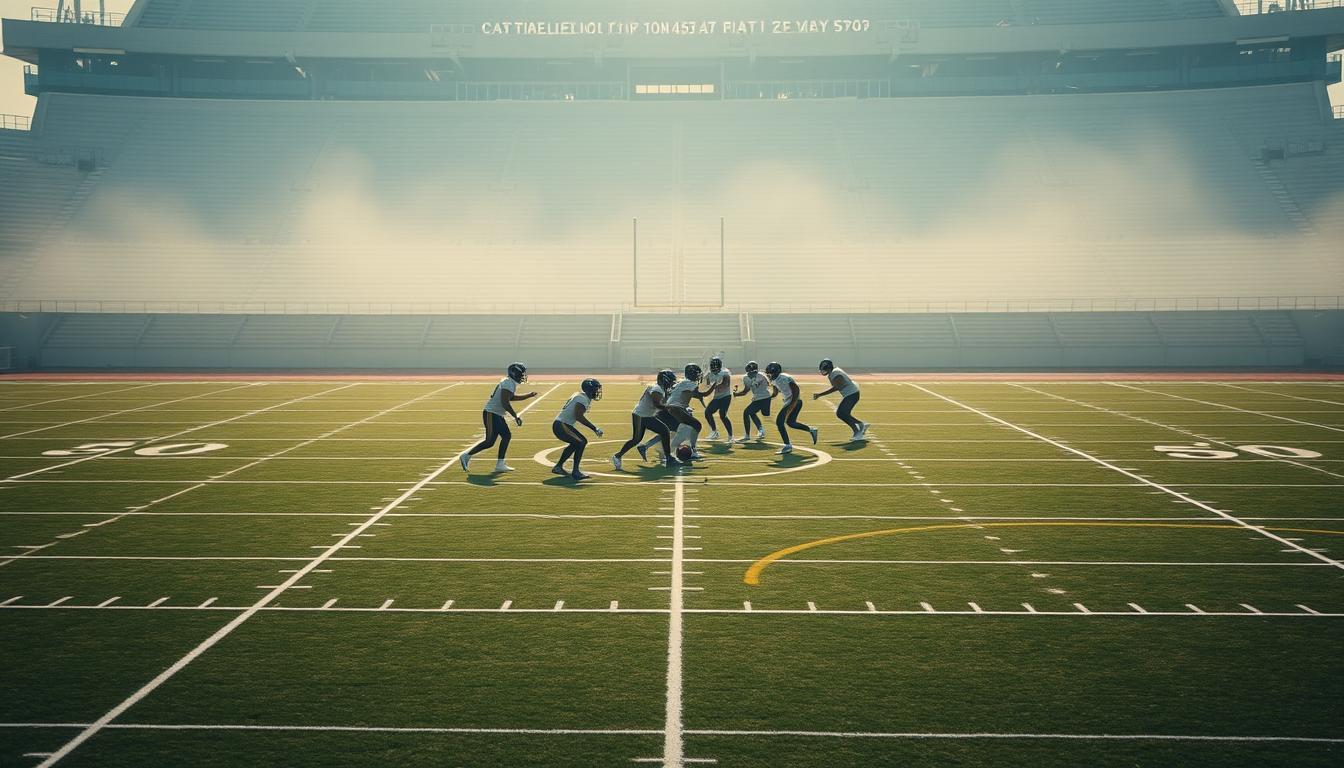 A football field stretches out in the foreground, crisscrossed with intricate white lines denoting the various plays and formations. In the middle ground, a group of players in full uniform execute a complex passing maneuver, the ball traveling swiftly between them. The background is hazy, with the stadium stands visible in the distance, casting long shadows across the field. The lighting is natural, casting a warm glow over the scene, and the camera angle is slightly elevated, providing a bird's-eye view of the action. The overall mood is one of strategic intensity, as the players work in perfect harmony to drive the ball downfield.