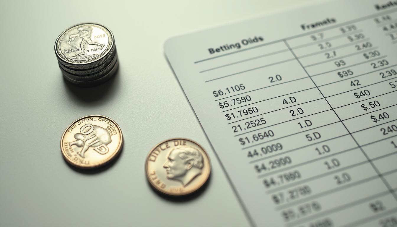 A pristine tabletop showcases a stack of dimes, their metallic shine catching the soft, diffused light. Alongside, a gambling ledger displays a range of betting odds, from fractional to decimal formats. The odds are clearly legible, inviting the viewer to explore the intricate relationship between the humble dime and the allure of sports betting. The composition is balanced, with the dimes and the betting odds occupying equal visual weight, creating a sense of harmony and contemplation. The overall mood is one of thoughtful consideration, inviting the viewer to delve deeper into the nuances of this financial and analytical aspect of the sports betting industry.