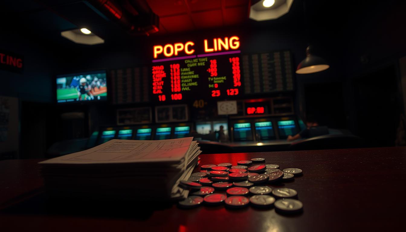 A dimly lit sports betting establishment, the counter adorned with a neon sign displaying the current betting lines. In the foreground, a stack of betting slips and a handful of dimes, symbolizing the small but influential bets that can sway the outcome. The atmosphere is tense, with shadows cast by the overhead lighting adding to the sense of anticipation. The camera angle is slightly elevated, giving a bird's-eye view of the scene, capturing the interplay between the larger-than-life odds and the humble, yet impactful, dime bets.