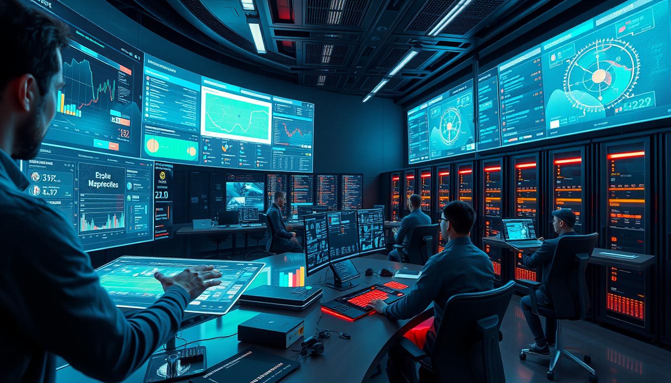 A futuristic sports betting control center with sleek holographic displays, real-time data visualizations, and intuitive gesture-based interfaces. The foreground showcases a bettor analyzing complex analytics and live match updates on a floating touchscreen panel. The middle ground features a team of analysts collaborating around a centralized command console, dynamically adjusting odds and strategy. In the background, a vast array of servers and quantum computing hardware hums with the processing power required to power this cutting-edge sports betting platform. Bathed in a cool, neon-tinged lighting scheme, the scene conveys a sense of technological sophistication and the intersection of sports, data, and the future of wagering.