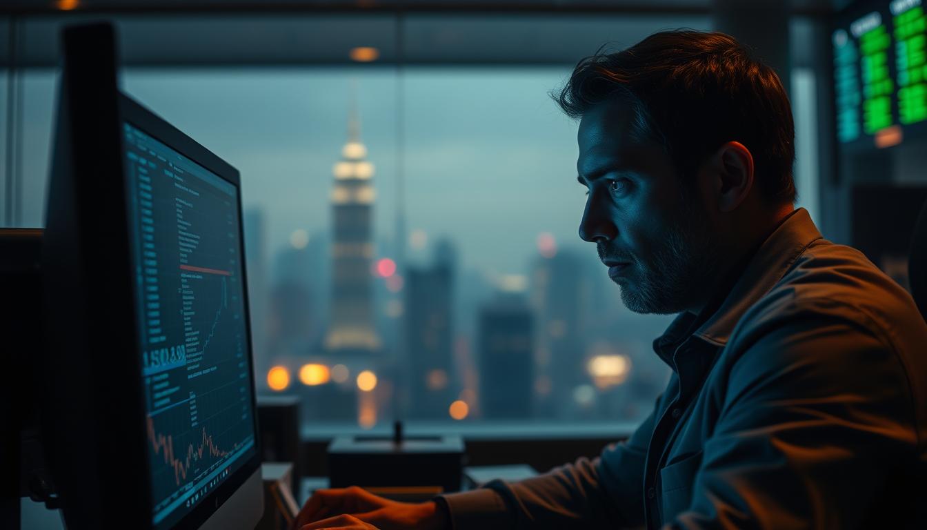 A dimly lit investment office, with a lone stock trader intently studying a computer screen. The background is a hazy, out-of-focus cityscape, suggesting a sense of detachment from the outside world. The trader's expression is a mixture of determination and concentration, as they navigate the complex web of market data. The lighting is moody, with warm tones highlighting the trader's face and the glow of the screen, creating an air of intensity and focus. The composition is tight, emphasizing the trader's isolation and the importance of their decision-making process. The overall atmosphere conveys the idea of "fading the public" - making strategic trades that go against the prevailing market sentiment.