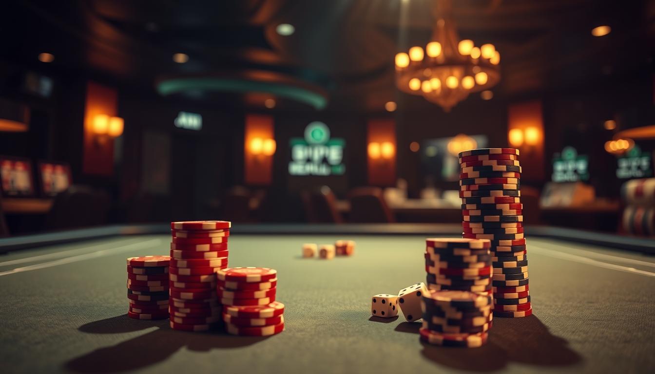 a sports betting table with stacks of poker chips and dice, set against a dimly lit, moody backdrop of a casino or gambling establishment. The table is arranged in a clean, minimalist design, with a sense of simplicity and focus on the core elements of a flat betting strategy. The lighting is warm and rich, casting subtle shadows and highlights on the table's surface and the betting chips. The overall atmosphere conveys a sense of contemplation and strategic analysis, inviting the viewer to consider the nuances of flat betting in the context of sports wagering.