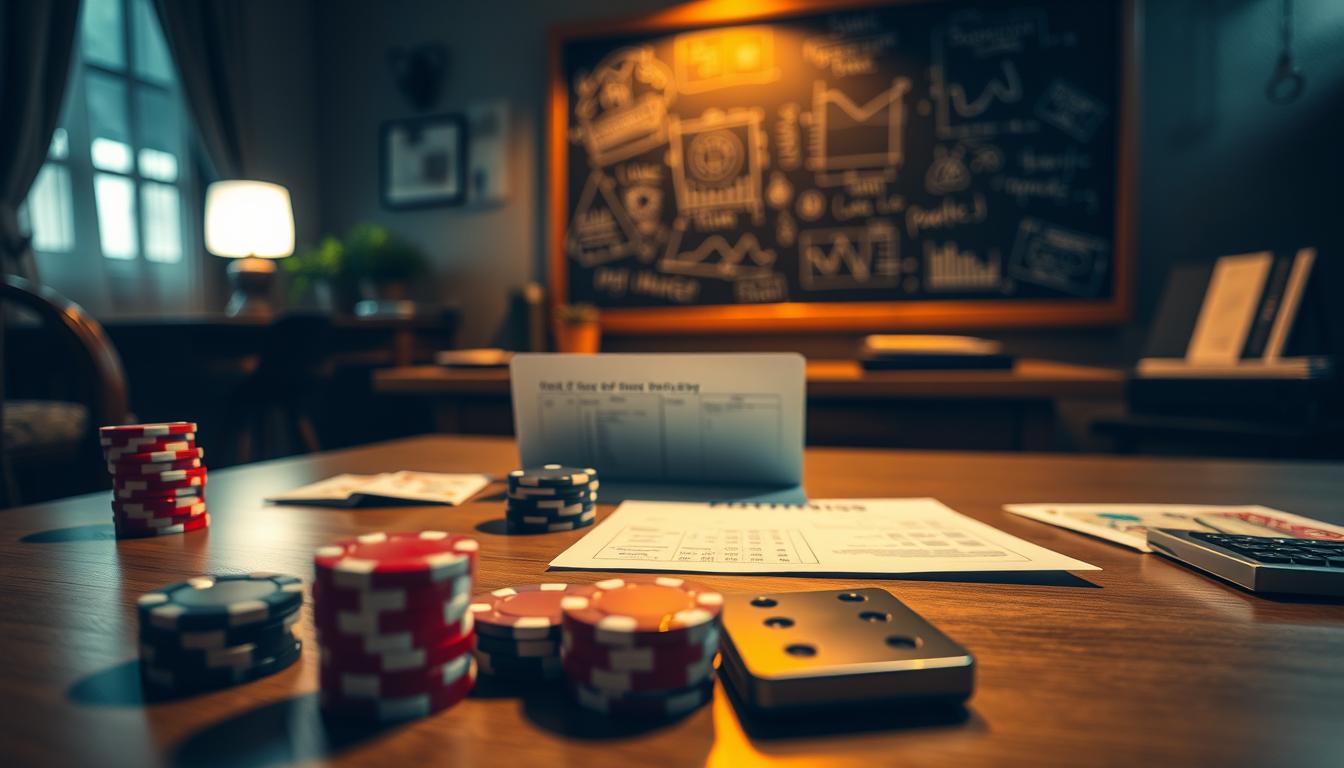 A well-lit table in a cozy, dimly-lit room, with a variety of betting-related items carefully arranged. In the foreground, a stack of poker chips, a set of dice, and a deck of cards. In the middle ground, a betting slip and a calculator, symbolizing the analytical aspect of building a betting strategy. In the background, a chalkboard or a whiteboard with scribbled notes, diagrams, and statistics, conveying the process of researching and planning. The overall atmosphere is one of focus, contemplation, and the pursuit of a strategic approach to betting.