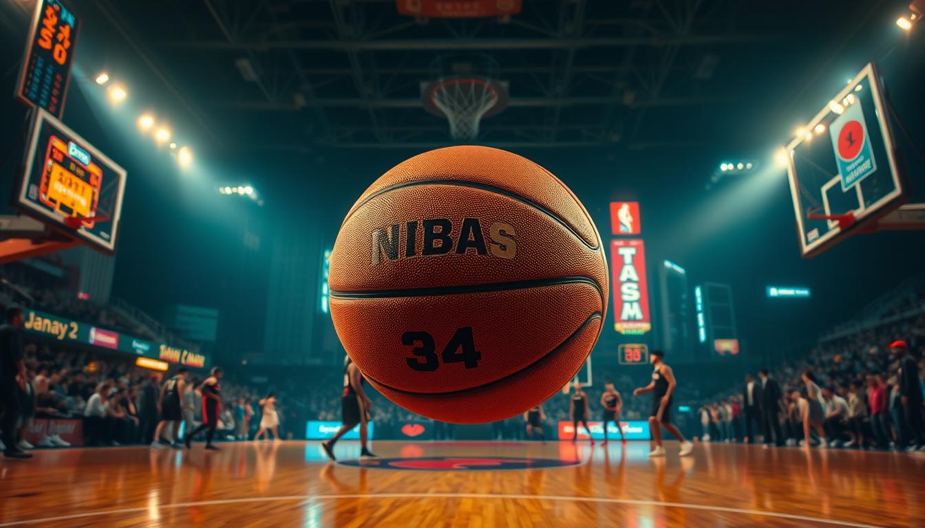 A high-stakes NBA game between two elite teams, the court aglow with intensity. In the foreground, a basketball hovers, its surface shimmering with data visualizations of team stats and betting odds. The players, silhouetted figures of power and grace, prepare to battle on the hardwood. In the background, a cityscape rises, neon signs and skyscrapers hinting at the global reach of this fixture. Warm lighting casts a dramatic glow, heightening the anticipation. The scene captures the thrill of the big game, the weight of the odds, and the unique perspective of the Japanese team, poised to make their mark on the world stage.