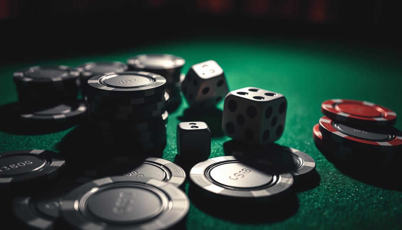Understanding odds in betting, a high-contrast close-up of poker chips and dice on a green felt tabletop, with a focus on the numbers and symbols that represent probability and risk. Dramatic lighting casts sharp shadows, creating a sense of depth and intensity. The foreground features an array of poker chips in various denominations, each reflecting the intricate patterns and textures of their surfaces. In the middle ground, a set of dice tumbles, their faces displaying different numerical values, symbolizing the unpredictable nature of chance. The background is blurred, emphasizing the deliberate focus on the betting tools and the mathematical concepts they embody. The overall composition conveys the strategic and analytical aspects of understanding odds in betting.