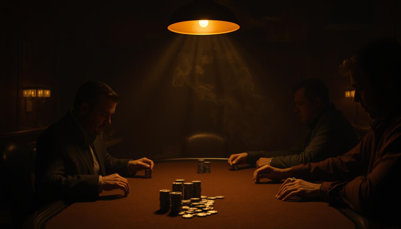 A dimly lit poker table, softly illuminated by a single overhead lamp, casts a warm glow across the felt surface. Four players sit intently, their faces obscured by the shadows, focused on their cards and the stack of dimes before them. The air is thick with concentration, the only sound the gentle click of chips and the occasional murmur of strategy. In the background, a hazy mirage of cigar smoke drifts, adding to the atmospheric tension of the scene. The camera angles in, capturing the intensity of the game, the players' hands hovering over their cards, ready to make their next move.