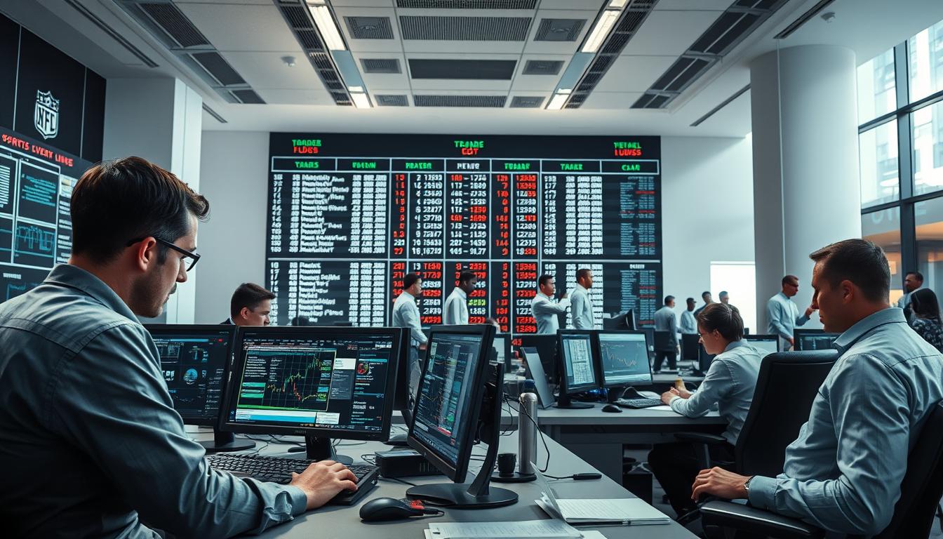 a highly detailed, photorealistic image of betting lines being created in a modern sports betting office. the foreground shows a team of analysts intently studying data and statistics on multiple computer screens, with complex mathematical formulas and algorithms visible. the middle ground depicts a large chalkboard or digital display showing current odds and betting lines for various sports events, with numbers and figures constantly updating. the background features an open-plan office layout with additional analysts, traders, and support staff collaborating and discussing the latest developments. the lighting is bright and professional, with a clean, sleek aesthetic. the overall scene conveys a sense of intense focus, precision, and the high-stakes nature of the sports betting industry.